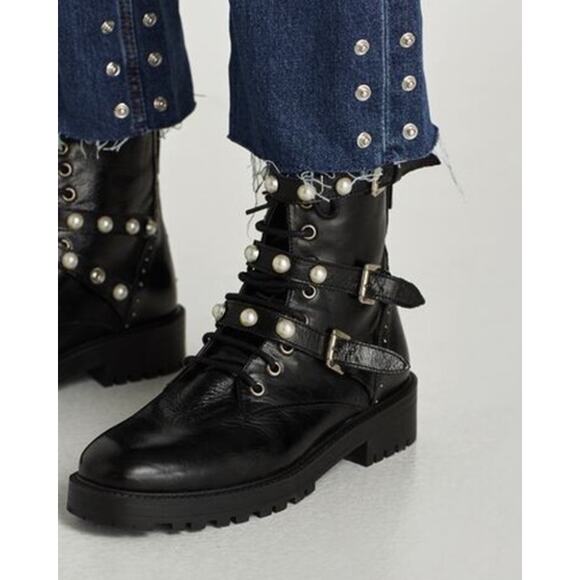 ZARA Genuine Leather Ankle Combat Boots Faux Pearl Lace-Up Flat